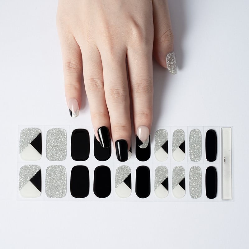 CASINO black and silver solids with alternate white black and silver geometric design Long-Lasting Gel Nail Sticker Kit - Vegan, Cruelty-Free, and Non-Toxic
