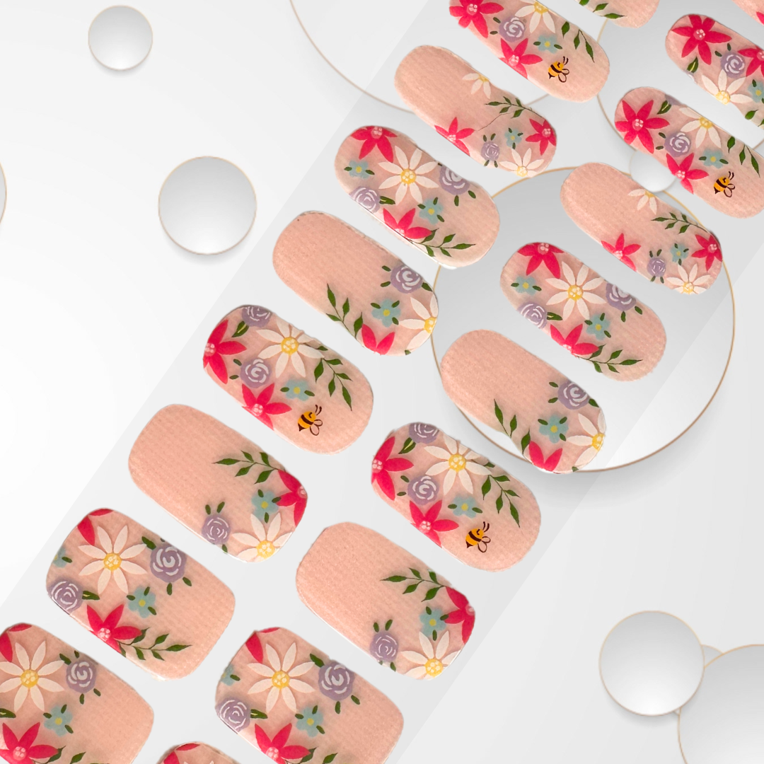 ANNIE Gel Nail Stickers 20pc, translucent pink, floral, bees, vegan, cruelty-free