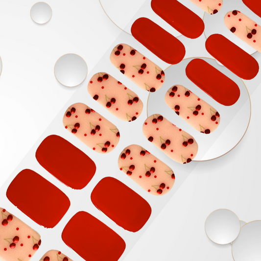 CHERRY red cherry design with alternate solid red Long-Lasting Gel Nail Sticker Kit - Vegan, Cruelty-Free, and Non-Toxic