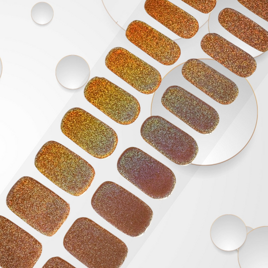 GOLD DUST glittering colour-shifting design that transitions from gold to rainbow Long-Lasting Gel Nail Sticker Kit - Vegan, Cruelty-Free, and Non-Toxic