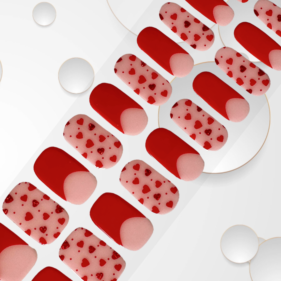 LOVED UP 20pc alternating red hearts (some with an extra sparkle) with a red French tip Long-Lasting Gel Nail Sticker Kit - Vegan, Cruelty-Free, and Non-Toxic