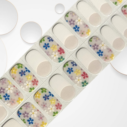 ELLA DAISY TIPS classic white French tips adorned with alternating multi-coloured flower designs DIY Gel Manicure Kit - At-Home Salon Quality, No UV Light Needed