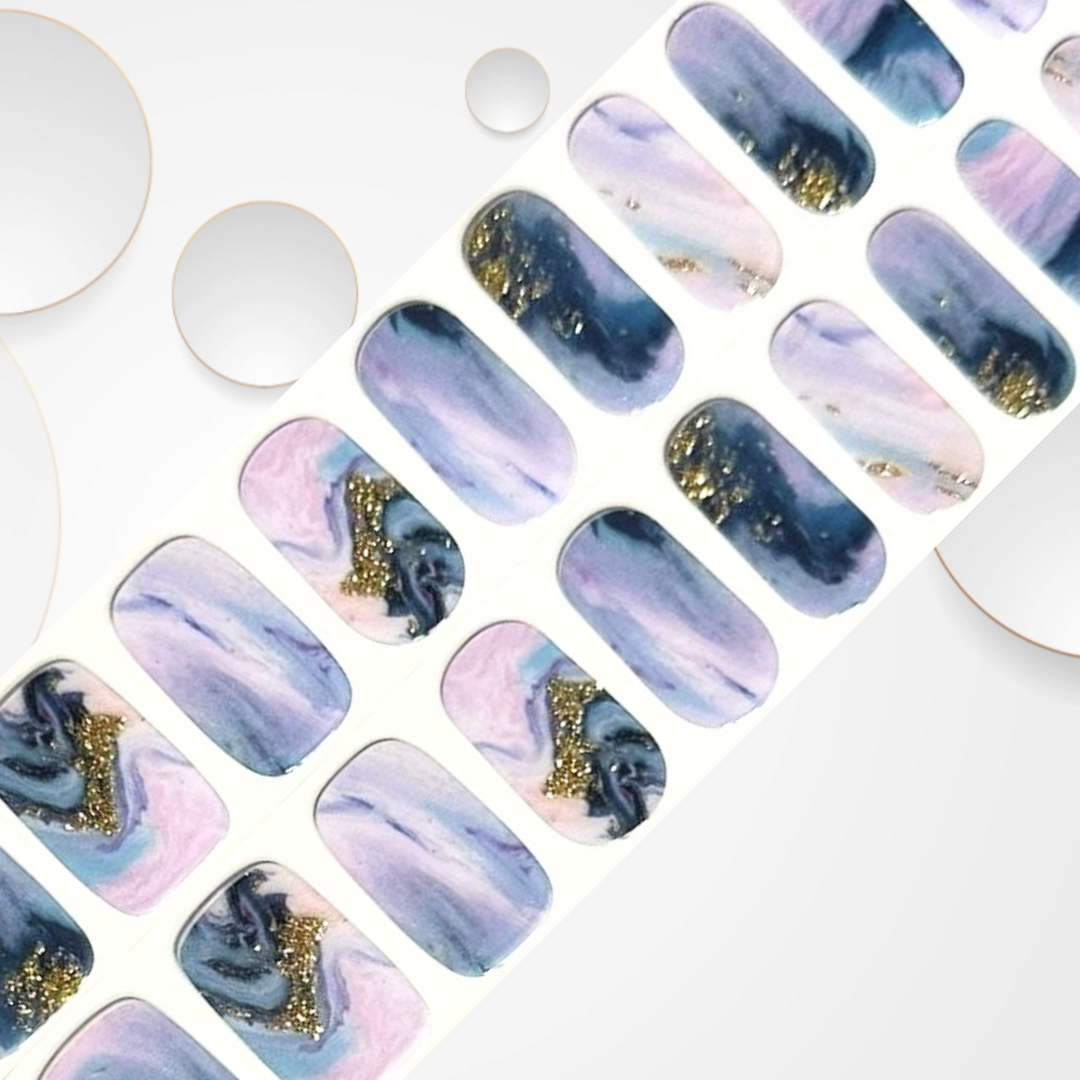 MIST BLUE 20pc white to blue and pink, with semi-translucent rivers overlaid with darker blue rivers and delicate gold splashes Long-Lasting Gel Nail Sticker Kit - Vegan, Cruelty-Free, and Non-Toxic
