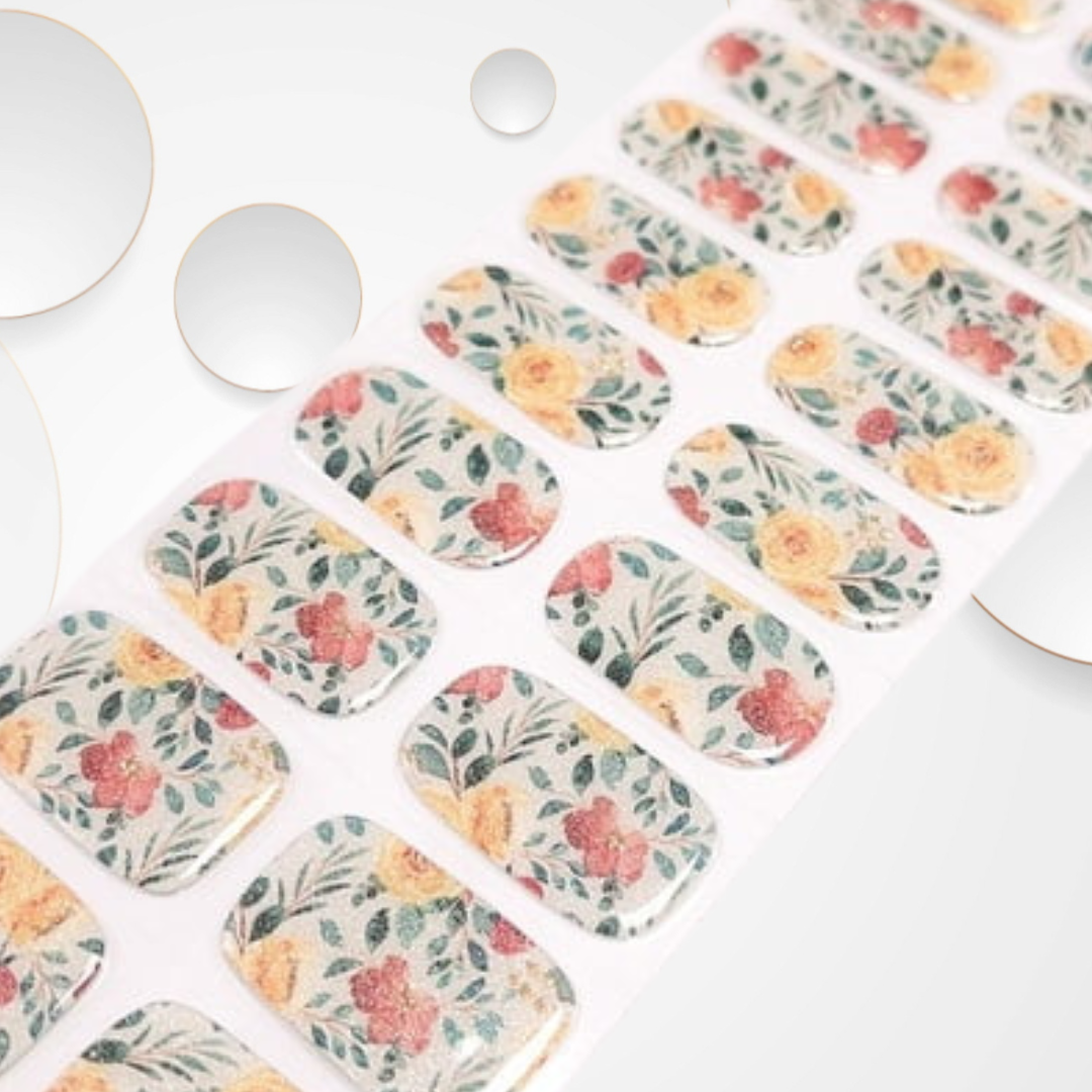 RACE DAY glittery red and yellow roses over a crisp white base 20pc DIY Gel Manicure Kit - At-Home Salon Quality, No UV Light Needed
