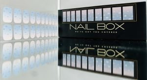 Snow Bunny is a pink and blue with white clouds design of semi cured gel nail sticker kite sold by Nail Box