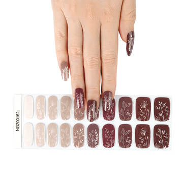 Meadow 20pc shades of rich brown to soft neutral with white floral overlay Long-Lasting Gel Nail Sticker Kit - Vegan, Cruelty-Free, and Non-Toxic
