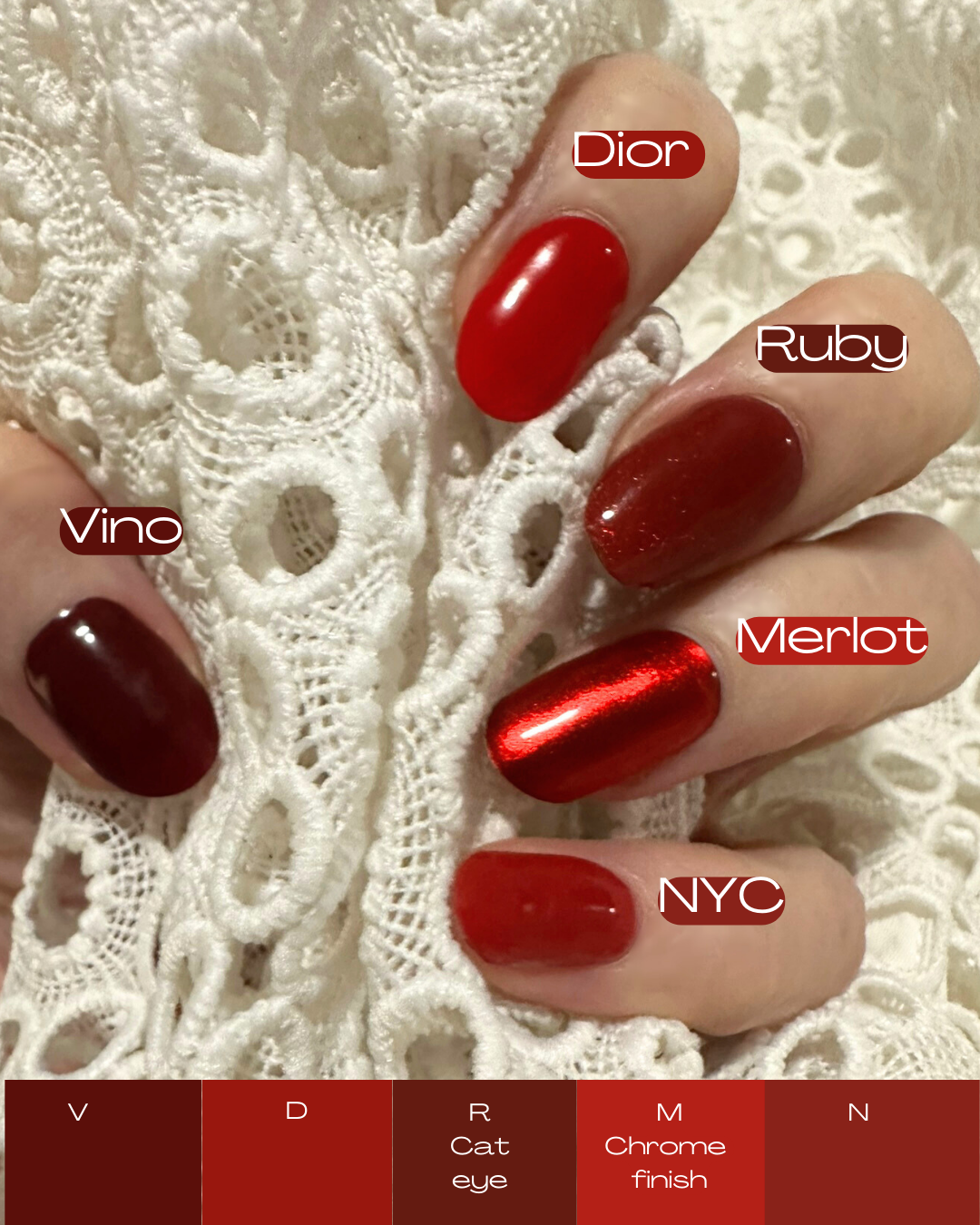 hand with 5 different reds
