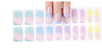 female hand wearing Ella wave semi cured gel nail stickers touching Ella wave sticker strip. Ella wave is pastel French tip with a soft wave design sold by Nail Box