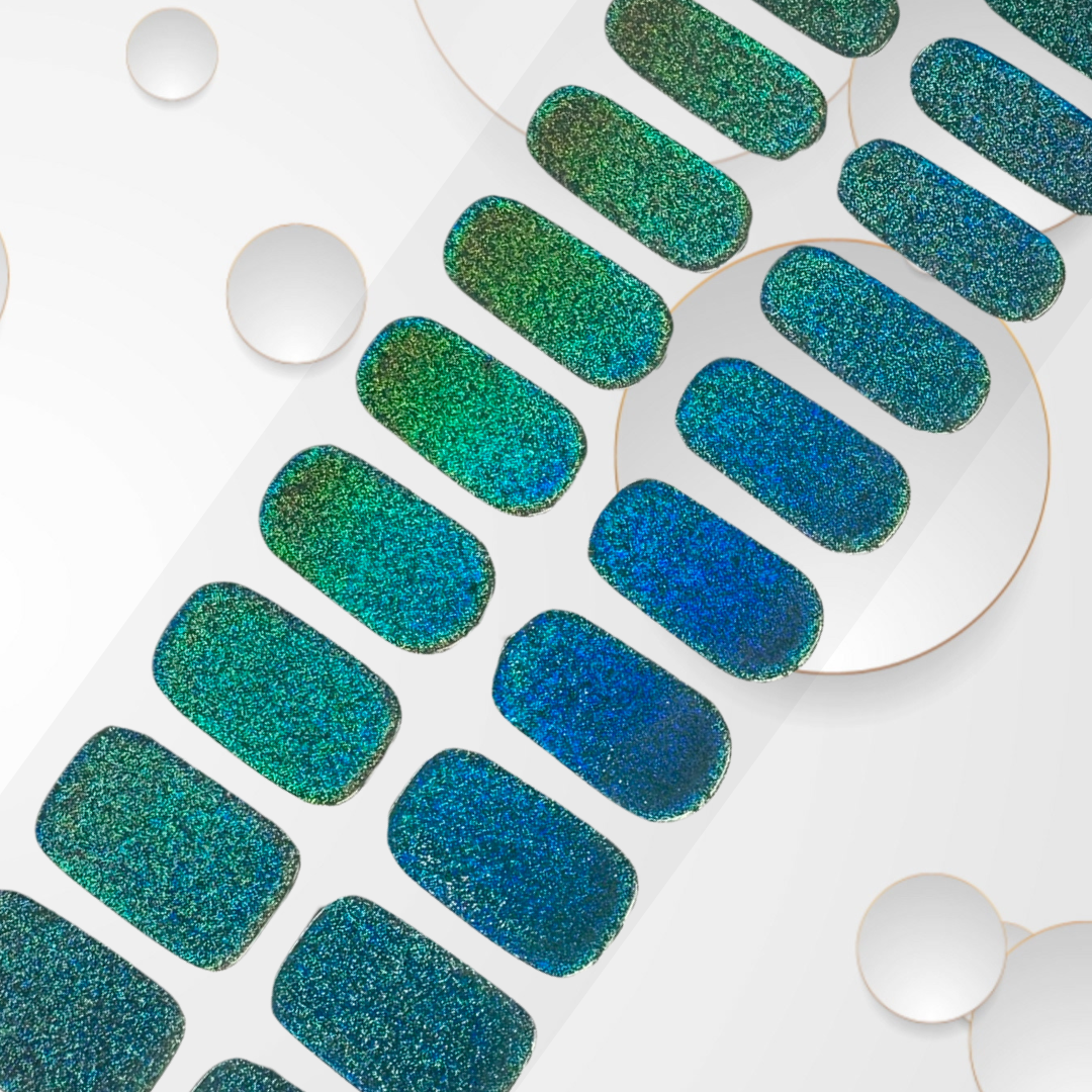 FIZZY BLUE glittery colour-shifting hues of blue, green, and gold DIY Gel Sticker Manicure Kit - At-Home Salon Quality, No UV Light Needed