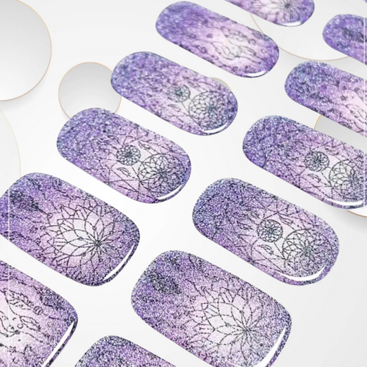 TIE-DYE PURPLE  intricate black design with sparkles over a rich purple to white ombre base Peel-Off Gel Nail Stickers - Easy Removal, LED Light, Vegan & Cruelty-Free