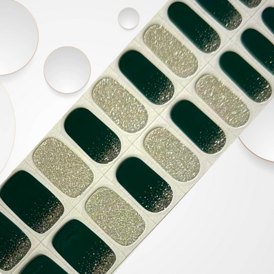 STARRY NIGHT 20pc rich dark green base adorned with mesmerizing silver glitter and silver glitter Long-Lasting Gel Nail Sticker Kit - Vegan, Cruelty-Free, and Non-Toxic