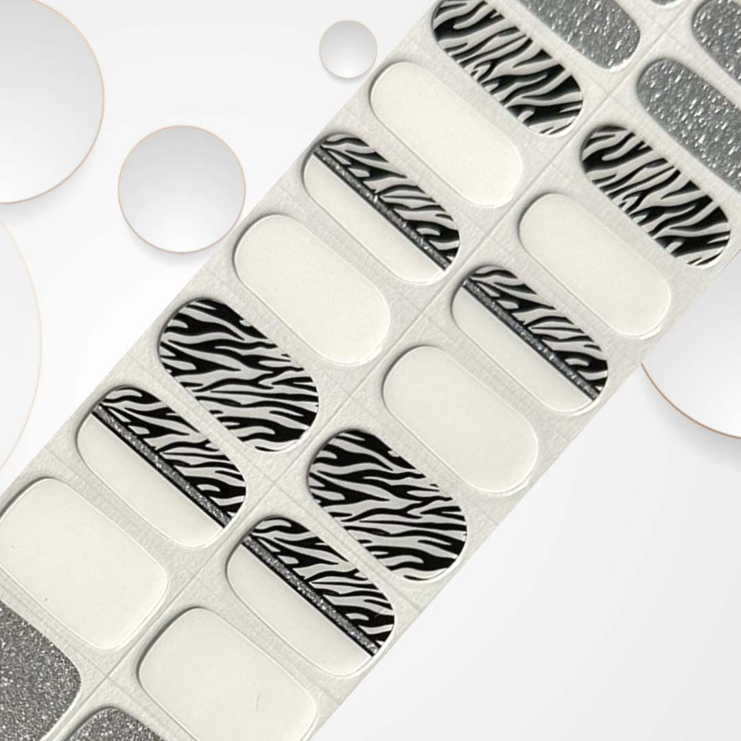 Z BAR black and white zebra with alternate solid white and silver glitter 20pc Long-Lasting Gel Nail Sticker Kit - Vegan, Cruelty-Free, and Non-Toxic