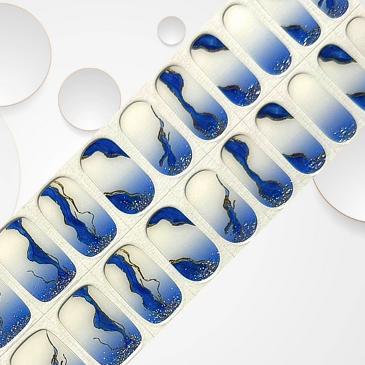 LAVA BLUE 20pc white to blue ombre base with rivers of darker blue and gold lava designs DIY Gel Manicure Kit - At-Home Salon Quality, No UV Light Needed