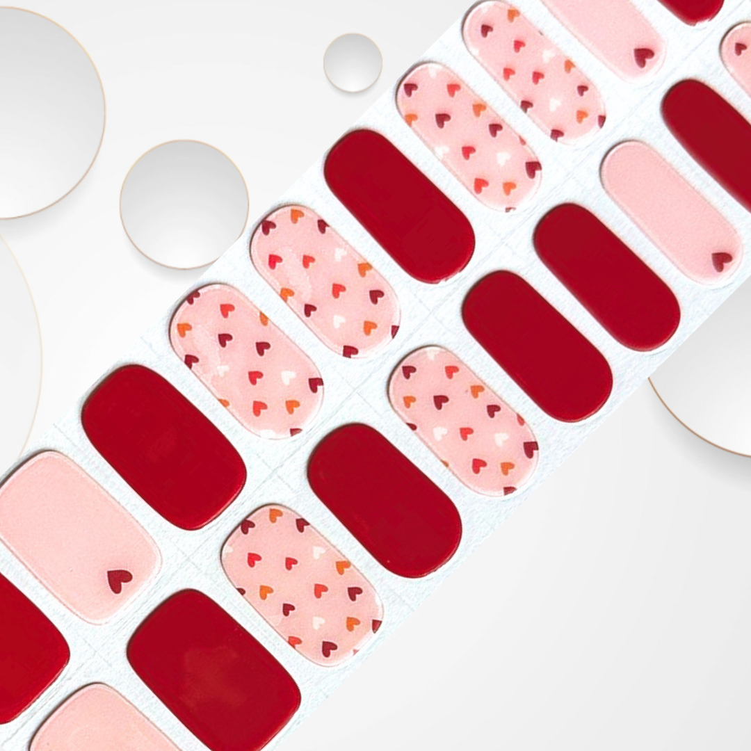 MORE LOVE 20pc pink base with tiny hearts and alternating red solid designs Long-Lasting Gel Nail Sticker Kit - Vegan, Cruelty-Free, and Non-Toxic