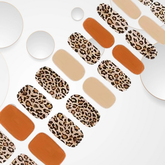 ONCE BITTEN animal print designs with neutral and caramel alternate stickers 20pc Long-Lasting Gel Nail Sticker Kit - Vegan, Cruelty-Free, and Non-Toxic