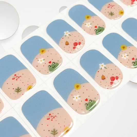 PONDS 20pc  light blue French tips adorned with the cutest tiny details of flowers, mushrooms, and frogs DIY Gel Stickers Manicure Kit - At-Home Salon Quality, No UV Light Needed