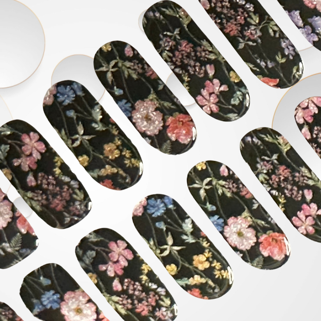 NIGHT FLOWERS 20pc black base adorned with detailed tiny glittery flowers Long-Lasting Gel Nail Sticker Kit - Vegan, Cruelty-Free, and Non-Toxic