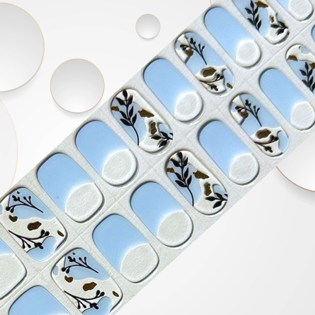 TWIGGY 20pc Light blue French tip with alternate twig patterns Long-Lasting Gel Nail Sticker Kit - Vegan, Cruelty-Free, and Non-Toxic