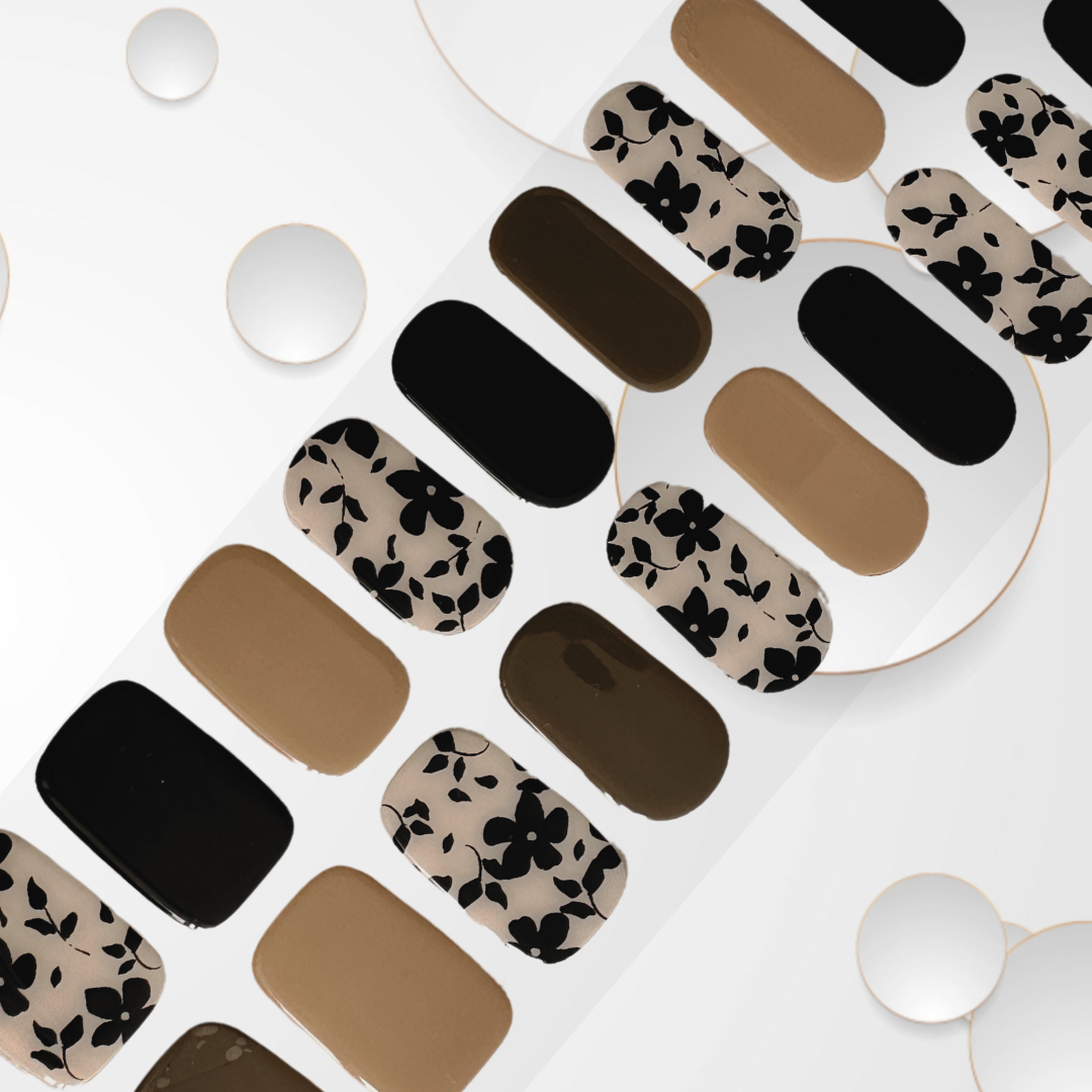 PETAL & POP Neutral coloured black white and beige edgy floral pattern Long-Lasting Gel Nail Sticker Kit - Vegan, Cruelty-Free, and Non-Toxic