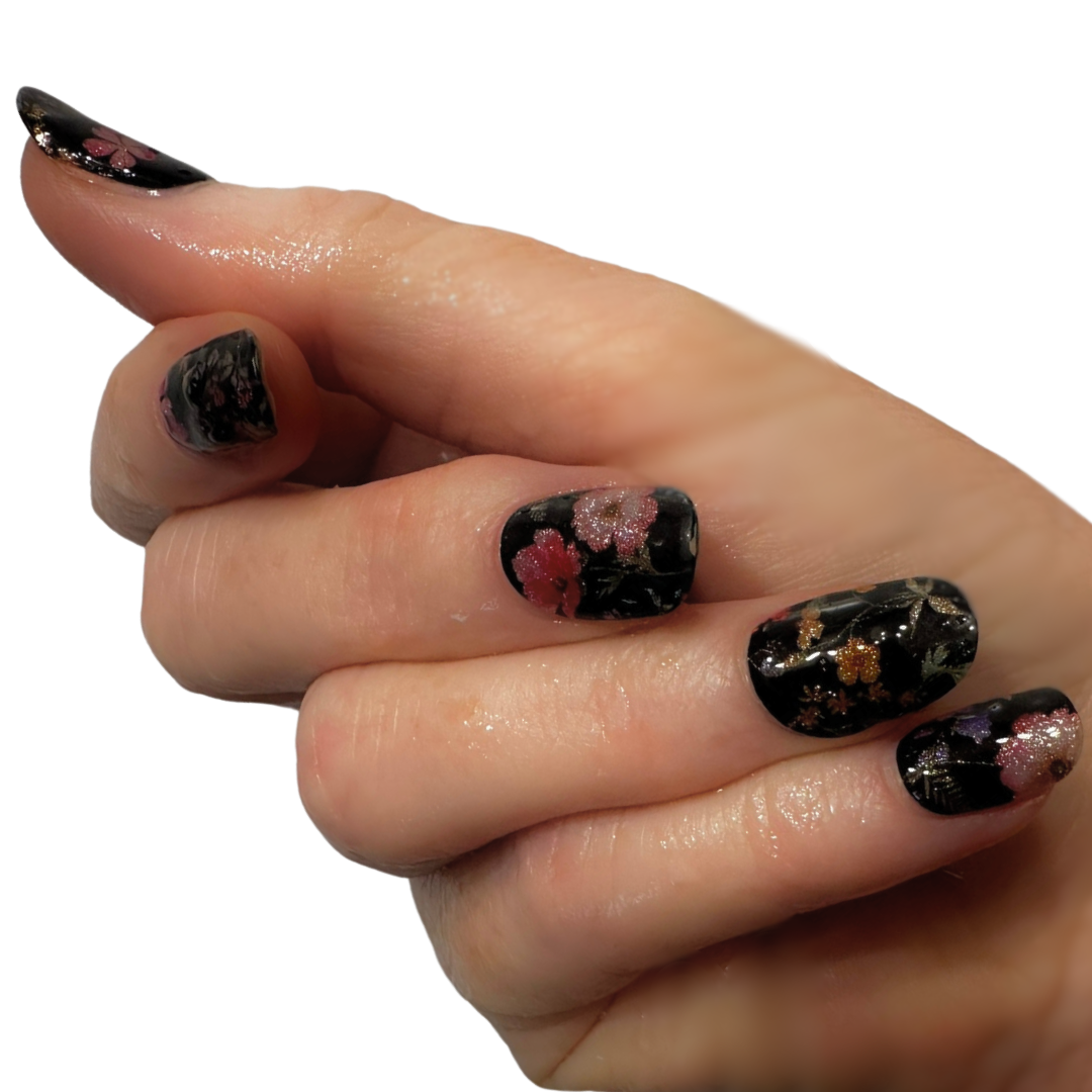 NIGHT FLOWERS 20pc Long-Lasting Gel Nail Sticker Kit - Vegan, Cruelty-Free, and Non-Toxic